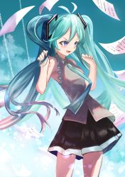 Rule 34 | 1girl, ahoge, alternate eye color, aqua hair, aqua necktie, bad id, bad pixiv id, black skirt, blouse, blue background, blue sky, blush, commentary, cowboy shot, flying paper, grey shirt, hatsune miku, highres, long hair, necktie, no detached sleeves, number tattoo, open mouth, paper, pleated skirt, purple eyes, shirt, shoulder tattoo, skirt, sky, sleeveless, sleeveless shirt, solo, tattoo, ttrta0201, twintails, very long hair, vocaloid