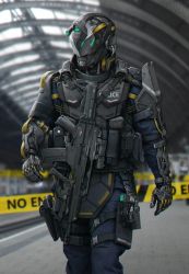 Rule 34 | armor, assault rifle, bad id, bad pixiv id, body armor, caution tape, cowboy shot, cyberpunk, exoskeleton, gun, helmet, highres, indoors, leo837, load bearing vest, looking to the side, male focus, original, police, power armor, rifle, solo, standing, walking, weapon