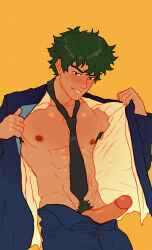 Rule 34 | 1boy, absurdres, cowboy bebop, cuckoo chan, erection, green hair, highres, male focus, necktie, nipples, pants, penis, pubic hair, solo, spike spiegel, undressing, yellow background