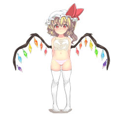 Rule 34 | 1girl, :3, arms behind back, blonde hair, blush, camisole, collarbone, female focus, flandre scarlet, hat, hat ribbon, highres, looking at viewer, muku (komainu), navel, no shoes, panties, pigeon-toed, pink panties, red eyes, ribbon, side ponytail, simple background, smile, solo, stomach, striped clothes, striped panties, thighhighs, touhou, underwear, underwear only, white background, white thighhighs, wings