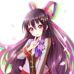 Rule 34 | 1girl, black hair, c:, finger to mouth, hair ornament, hair ribbon, hilo (joy hero), index finger raised, kasumi (shironeko project), long hair, looking at viewer, petals, pilokey, red eyes, ribbon, shironeko project, smile, solo