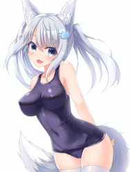 Rule 34 | 1girl, :3, :d, animal ear fluff, animal ears, arms behind back, breasts, cameltoe, cat hair ornament, commentary, covered navel, dot nose, fangs, forehead, fox, fox girl, fox tail, grey eyes, grey hair, hair ornament, highres, kazuneko (wktk1024), long hair, medium breasts, one-piece swimsuit, open mouth, original, parted bangs, pointy breasts, school uniform, simple background, skin fangs, smile, solo, swimsuit, tail, thighhighs, two side up, white background, white thighhighs