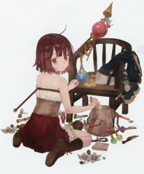 Rule 34 | 1girl, absurdres, ahoge, atelier (series), atelier sophie, back, bag, bare shoulders, blush, brown eyes, brown hair, corset, dagger, flower, from behind, highres, huge filesize, knife, looking at viewer, looking back, noco (adamas), official art, open mouth, potion, scroll, short hair, skirt, smile, solo, sophie neuenmuller, staff, weapon