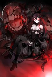 Rule 34 | 10s, 1girl, absurdres, abyssal ship, annnna, battleship water oni, black dress, black hair, breasts, crossed bangs, dress, elbow gloves, female focus, gloves, highres, horns, kantai collection, large breasts, long hair, red eyes, single horn, solo, torn clothes, torn dress