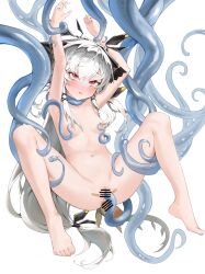Rule 34 | 1girl, absurdres, anal, arknights, armpits, arms up, bar censor, barefoot, blush, breasts, censored, chinese commentary, commentary request, completely nude, dilation tape, disembodied penis, double penetration, full body, grey hair, highres, long hair, low-tied long hair, navel, nipple stimulation, nipple tweak, nipples, nude, parted lips, penis, pussy, red eyes, rolling eyes, sex, shin maboroshi, simple background, small breasts, spread legs, tape, tentacle sex, tentacles, toes, vaginal, variant set, very long hair, weedy (arknights), white background