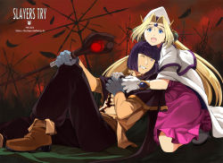 Rule 34 | 1990s (style), 1boy, 1girl, :o, bad id, bad pixiv id, blonde hair, blue eyes, cape, character name, clenched teeth, copyright name, dress, feathers, filia ul copt, full body, gloves, hat, highres, injury, kneeling, long hair, lyxu, one eye closed, parted bangs, pink dress, purple eyes, purple hair, red background, retro artstyle, shoes, slayers, slayers try, staff, teeth, wince, wink, xelloss
