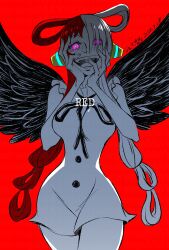 Rule 34 | 1girl, angel wings, artist request, bare legs, bare shoulders, black wings, breasts, breasts squeezed together, corruption, crazy eyes, curvy, dress, fingernails, grin, headphones, highres, large breasts, long hair, looking at viewer, multicolored hair, one piece, one piece film: red, open mouth, red background, red hair, shaded face, shiny skin, smile, two-tone hair, uta (one piece), very long hair, white dress, white hair, wide hips, wings, yandere