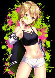 Rule 34 | 1girl, absurdres, bad id, bad pixiv id, bare shoulders, black choker, black jacket, black shirt, breasts, brown eyes, brown hair, character name, choker, collarbone, commentary request, cowboy shot, crop top, earrings, hand up, head tilt, highres, ichiren namiro, indie virtual youtuber, jacket, jewelry, looking at viewer, maomi yuka, maomi yuka (channel), medium breasts, micro shorts, midriff, navel, off shoulder, open clothes, open jacket, paint, parted lips, shirt, short hair, short shorts, shorts, sleeveless, sleeveless shirt, solo, standing, stomach, thighs, virtual youtuber, white shorts