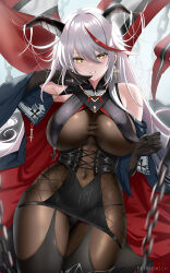 Rule 34 | 1girl, aegir (azur lane), azur lane, bare shoulders, black gloves, blush, bodystocking, breast curtains, breasts, chain, covered navel, cross, cross earrings, cyicheng, earrings, gloves, grin, horns, iron cross, jewelry, large breasts, long hair, looking at viewer, multicolored hair, red hair, revision, smile, solo, spread legs, streaked hair, swept bangs, thighs, very long hair, white hair, yellow eyes