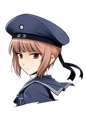 Rule 34 | 10s, 1girl, brown eyes, brown hair, clothes writing, hat, kantai collection, looking at viewer, portrait, sailor hat, short hair, solo, white background, youkann00, z3 max schultz (kancolle)
