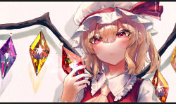 Rule 34 | bad id, bad pixiv id, blonde hair, blush, crystal, eit (ikeuchi), flandre scarlet, frilled shirt, frilled shirt collar, frilled sleeves, frills, hat, hat ribbon, highres, letterboxed, mob cap, red eyes, red ribbon, red vest, ribbon, shirt, short hair, solo, touhou, vest, white shirt, wings