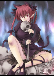 Rule 34 | 1girl, animal ears, bad id, bad pixiv id, bone, braid, cat ears, cat girl, cat tail, extra ears, female focus, kaenbyou rin, legs, multiple tails, no socks, red eyes, red hair, shoe dangle, sitting, skeleton, skull, solo, tail, touhou, twin braids, twintails, yude