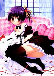 Rule 34 | 1girl, :3, absurdres, black thighhighs, blue panties, breasts, cleavage, curtains, detached collar, dress, frilled pillow, frills, heart, heart-shaped pillow, highres, jewelry, lying, medium breasts, nanaka mai, necklace, on side, original, panties, petals, pillow, purple hair, rose petals, short hair, side ponytail, smile, solo, striped clothes, striped panties, stuffed animal, stuffed cat, stuffed toy, thighhighs, underwear, window