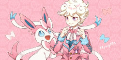 Rule 34 | 1boy, bede (pokemon), blonde hair, blush, bow, buttons, character name, closed mouth, commentary, creatures (company), fangs, game freak, gen 6 pokemon, happy, jacket, long sleeves, looking down, nintendo, open mouth, pink background, pink jacket, pokemon, pokemon (creature), pokemon swsh, purple eyes, sasairebun, smile, sylveon, tongue
