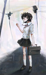 Rule 34 | 1girl, absurdres, bag, black skirt, brown hair, elainma, expressionless, green eyes, highres, holding, holding bag, iwakura lain, looking to the side, power lines, school uniform, serial experiments lain, shirt, short hair, short sleeves, signature, sketch, skirt, solo, white shirt
