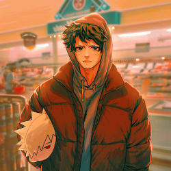 Rule 34 | 1boy, 1other, alternate costume, bakugou katsuki, blurry, blurry background, boku no hero academia, character pillow, closed mouth, depth of field, freckles, frown, green eyes, grey hoodie, highres, holding, hood, hood up, hoodie, indoors, jacket, long sleeves, male focus, midoriya izuku, open clothes, open jacket, red jacket, short hair, solo focus, upper body, wengwengchim