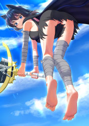 Rule 34 | 1girl, absurdres, alternate breast size, animal ears, ass, bandaged arm, bandaged leg, bandages, barefoot, black hair, blue eyes, blush, breasts, cape, cat ears, cat girl, cat tail, cloud, convenient censoring, female focus, fran (tensei shitara ken deshita), from behind, full body, highres, holding, holding sword, holding weapon, large breasts, light rays, long hair, looking at viewer, looking back, no panties, outdoors, parted lips, shishou (tensei shitara ken deshita), short hair, sky, solo, sword, tail, tensei shitara ken deshita, toes, weapon