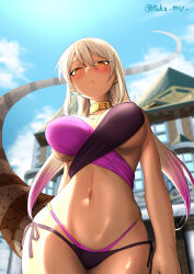 Rule 34 | 1girl, alternate breast size, arm at side, arm behind back, bikini, blue sky, blurry, blurry background, blush, breasts, closed mouth, collarbone, covered erect nipples, cowboy shot, day, from below, grey hair, hair between eyes, highres, jewelry, kashisu mint, kemono friends, king cobra (kemono friends), large breasts, layered bikini, long hair, looking at viewer, looking down, multicolored hair, navel, neck ring, orange eyes, outdoors, parted bangs, pink hair, shiny skin, side-tie bikini bottom, skindentation, sky, snake tail, solo, stomach, swimsuit, tail, tan, twintails, twitter username, underboob, very long hair