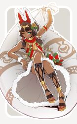 Rule 34 | 1girl, ;p, arm up, armlet, bag, bell, blue eyes, blunt bangs, bow, brown hair, dark-skinned female, dark skin, dragalia lost, flower, full body, gift bag, green bow, hair flower, hair ornament, highres, holding, holding bag, looking at viewer, multicolored bow, nail polish, nefaria, official alternate costume, one eye closed, red bow, red nails, sack, santa costume, solo, tongue, tongue out, xiafei97