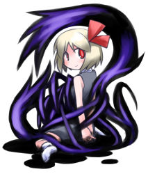 Rule 34 | 1girl, arms behind back, blonde hair, blush, darkness, female focus, kugelschreiber, looking at viewer, looking back, red eyes, rumia, short hair, simple background, sitting, smile, solo, touhou, white background