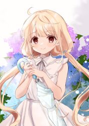 Rule 34 | 1girl, absurdres, bare shoulders, blonde hair, blue bow, blush, bow, brown eyes, bush, closed mouth, dress, floral background, flower, futaba anzu, hair bow, hands up, highres, holding, holding umbrella, hydrangea, idolmaster, idolmaster cinderella girls, idolmaster cinderella girls starlight stage, long hair, looking at viewer, low twintails, neck ribbon, ribbon, rino cnc, sleeveless, sleeveless dress, smile, solo, twintails, umbrella, white dress, white ribbon