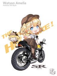 Rule 34 | 1girl, absurdres, black footwear, blonde hair, blue eyes, bob cut, brown skirt, cabbie hat, character name, chibi, commentary, copyright name, earrings, english text, frilled shirt, frills, hair ornament, hat, heart, heart earrings, highres, hololive, hololive english, jewelry, looking at viewer, medium hair, motor vehicle, motorcycle, on motorcycle, open mouth, pantyhose, shirt, skirt, smol ame, strappy heels, suspender skirt, suspenders, virtual youtuber, watson amelia, watson amelia (street casual), white background, yamaha, yamaha sr400, yoyoko707