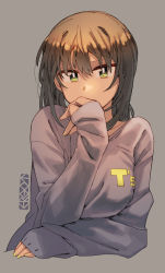Rule 34 | 1girl, alternate costume, breasts, brown hair, clothes writing, cropped torso, ergot, fubuki (kancolle), green eyes, green nails, grey background, grey sweater, hair between eyes, highres, kantai collection, long sleeves, looking at viewer, nail polish, signature, simple background, sleeves past wrists, solo, sweater, upper body