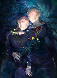 Rule 34 | 2girls, black background, black dress, blue eyes, blue flower, brown hair, burial at sea, caustics, couple, dress, closed eyes, feet out of frame, flower, half-closed eyes, hand on own stomach, hara yuriko, highres, holding hands, interlocked fingers, knee up, lily (flower), long hair, long sleeves, looking at viewer, lying, mayu matou, multiple girls, neck ribbon, official art, on back, parted lips, partially submerged, puffy long sleeves, puffy sleeves, purple hair, red flower, red ribbon, ribbon, school uniform, side-by-side, very long hair, water, wavy hair, white flower, yellow flower