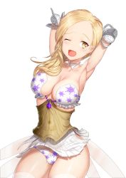 Rule 34 | 1girl, absurdres, armpits, arms behind head, arms up, blonde hair, blush, breasts, cleavage, collarbone, covered navel, delia (mabinogi), detached collar, female focus, greem bang, highres, large breasts, looking to the side, mabinogi, mabinogi heroes, matching hair/eyes, navel, one eye closed, open mouth, panties, pleated skirt, shiny skin, simple background, skirt, smile, solo, standing, thighhighs, underwear, wavy mouth, white background, white panties, white skirt, white thighhighs, yellow eyes