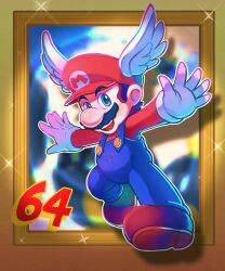 Rule 34 | 1boy, blue eyes, blue overalls, bob-omb, boots, brown footwear, co co mg, facial hair, gloves, hat, highres, male focus, mario, mario (series), mustache, nintendo, open mouth, overalls, red headwear, red shirt, shirt, super mario 64, teeth, upper teeth only, white gloves, wing cap, wing mario