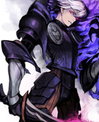 Rule 34 | 1boy, armor, blue fire, cowboy shot, fire, from below, gauntlets, holding, holding sword, holding weapon, looking at viewer, male focus, odin sphere, oswald, parted lips, purple eyes, racoona, sideways glance, solo, standing, sword, weapon