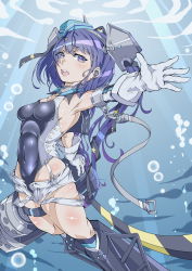 Rule 34 | 1girl, absurdres, air bubble, aqua hat, black one-piece swimsuit, black ribbon, blue eyes, blue hair, breasts, bubble, competition swimsuit, covered navel, freediving, garrison cap, gloves, hair ornament, hair ribbon, hat, hideyuki egokoro, highleg, highleg swimsuit, highres, kantai collection, long hair, one-piece swimsuit, ribbon, scamp (kancolle), short shorts, shorts, side ponytail, small breasts, solo, star (symbol), star hair ornament, swimsuit, underwater, white gloves, white shorts