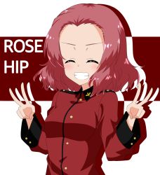 Rule 34 | 1girl, bad id, bad pixiv id, brown eyes, character name, commentary, double v, facing viewer, girls und panzer, grin, highres, jacket, long sleeves, medium hair, military, military uniform, orange eyes, red hair, red jacket, rosehip (girls und panzer), silhouette, smile, solo, st. gloriana&#039;s military uniform, tanutika, uniform, upper body, v