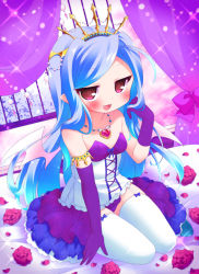 Rule 34 | 1girl, :d, bad id, bad pixiv id, bare shoulders, blue hair, blush, curtains, dress, elbow gloves, fang, garter straps, gloves, heart, heart necklace, long hair, necklace, open mouth, original, pink eyes, pointy ears, ringo yuyu, single elbow glove, single glove, sitting, smile, solo, thighhighs, tiara, white thighhighs, wings