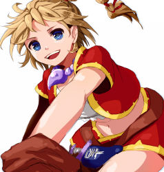 Rule 34 | 1girl, blonde hair, blue eyes, chrono cross, commentary request, gloves, high ponytail, himasen, jewelry, kid (chrono cross), long hair, looking at viewer, multi-tied hair, necklace, open mouth, ponytail, skirt, smile, solo, vest