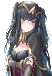 Rule 34 | 1girl, absurdres, bad id, bad pixiv id, black capelet, black hair, blunt bangs, bracelet, breasts, bridal gauntlets, capelet, clear glass (mildmild1311), cleavage, closed mouth, diadem, fire emblem, fire emblem awakening, frown, highres, jewelry, long hair, long sleeves, medium breasts, nintendo, purple eyes, signature, simple background, solo, tharja (fire emblem), twintails, upper body, very long hair, white background