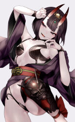 Rule 34 | 1girl, ankle ribbon, bare shoulders, bob cut, breasts, collarbone, eyeliner, fate/grand order, fate (series), headpiece, highres, horns, japanese clothes, kimono, leg ribbon, long sleeves, looking at viewer, makeup, navel, obi, off shoulder, oni, open mouth, purple eyes, purple hair, purple kimono, revealing clothes, ribbon, sash, short hair, short kimono, shuten douji (fate), skin-covered horns, small breasts, smile, solo, sumi (gfgf 045), wide sleeves
