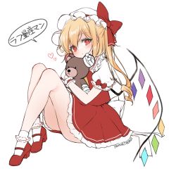 Rule 34 | 1girl, absurdres, artist name, ass, blonde hair, bow, closed mouth, crystal, flandre scarlet, full body, haruki (colorful macaron), hat, hat bow, heart, highres, holding, holding stuffed toy, looking at viewer, mob cap, one side up, red bow, red eyes, red footwear, red skirt, red vest, shirt, simple background, skirt, socks, solo, speech bubble, standing, stuffed animal, stuffed toy, teddy bear, touhou, translation request, twitter username, vest, white background, white hat, white shirt, white socks, wings, wrist cuffs