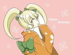 Rule 34 | 1girl, blonde hair, blush, blush stickers, bow, brown eyes, cat hair ornament, commentary request, danganronpa (series), danganronpa 2: goodbye despair, floral print, from side, green bow, hair bow, hair ornament, hand on own chin, hand up, happy birthday, heart, japanese clothes, kimono, large bow, long hair, looking at viewer, orange kimono, pink background, saionji hiyoko, sleeves past fingers, sleeves past wrists, smile, solo, twintails, wide sleeves, yoshi taka (y 04taka)
