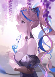 Rule 34 | 1girl, absurdres, airi kanna, bare shoulders, black dress, blue hair, breasts, brown hair, brown sleeves, detached collar, detached sleeves, dodari, dragon girl, dragon horns, dragon tail, dress, flower, from side, highres, holding, horns, long hair, long sleeves, medium breasts, multicolored hair, profile, puffy short sleeves, puffy sleeves, purple eyes, purple flower, short sleeves, sidelocks, solo, stellive, strapless, strapless dress, tail, twintails, very long hair, virtual youtuber, wisteria
