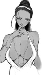Rule 34 | 1girl, aeyga, breasts, cleavage, collarbone, commentary, dark-skinned female, dark skin, dress, earrings, english commentary, finger to mouth, greyscale, hair behind ear, head tilt, highres, jewelry, large breasts, looking at viewer, monochrome, necklace, original, parted lips, plunging neckline, ponytail, shushing, smile, upper body, v-shaped eyebrows, white background
