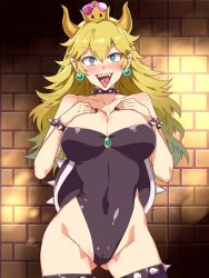 Rule 34 | 1girl, armlet, black thighhighs, blonde hair, blue eyes, bowsette, bracelet, breasts, cameltoe, cleavage, collar, collarbone, colored eyelashes, cowboy shot, crown, earrings, eyebrows, gem, gradient hair, green gemstone, hair between eyes, horns, jewelry, large breasts, leotard, long hair, mario (series), messy hair, mizuryu kei, multicolored hair, nail polish, nintendo, open mouth, playboy bunny, pointy ears, sharp teeth, shell, solo, spiked armlet, spiked bracelet, spiked collar, spikes, standing, super crown, teeth, thighhighs, tongue, tongue out, turtle shell, upper teeth only, v-shaped eyebrows