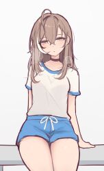 Rule 34 | 1girl, ahoge, alternate costume, arm support, black choker, blue shorts, blush, breasts, breath, brown eyes, choker, collarbone, commentary, cowboy shot, crossed bangs, drawstring, english commentary, gym uniform, hair between eyes, heavy breathing, highres, hololive, hololive english, light brown hair, long hair, looking at viewer, m r b, medium breasts, multicolored hair, nanashi mumei, parted lips, shirt, short shorts, short sleeves, shorts, sidelocks, simple background, sitting, solo, streaked hair, t-shirt, thighs, virtual youtuber, white background, white hair, white shirt