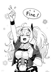 Rule 34 | 1girl, ahoge, arm up, breasts, clenched hands, enemy lifebuoy (kancolle), english text, fujinoki (horonabe-ken), gambier bay (kancolle), gambier bay mk ii (kancolle), gloves, greyscale, hair between eyes, hairband, kantai collection, long hair, medium breasts, monochrome, navel, open mouth, pouch, shirt, short sleeves, simple background, skirt, solo, twintails, upper body