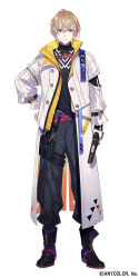 Rule 34 | 1boy, arm cutout, belt, belt pouch, black footwear, black pants, black shirt, blonde hair, blue eyes, boots, buttons, clothing cutout, coat, copyright notice, ebira, fura kanato, fura kanato (1st costume), gun, hair between eyes, hand on own hip, handgun, holding, holding gun, holding weapon, jacket, jewelry, long sleeves, male focus, necklace, nijisanji, official art, open clothes, open coat, open jacket, orange hair, pants, pouch, purple belt, shirt, short hair, simple background, smile, standing, straight-on, tachi-e, thigh strap, triangle cutout, turtleneck, two-sided coat, two-sided fabric, virtual youtuber, weapon, white background, white coat, yellow jacket, zipper footwear, zipper pull tab