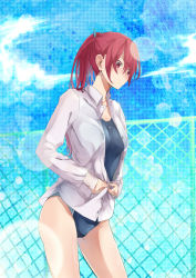 Rule 34 | 10s, 1girl, bad id, bad pixiv id, chain-link fence, competition swimsuit, dress shirt, fence, free!, highres, kuroa tomoaki, long hair, looking down, matsuoka gou, one-piece swimsuit, ponytail, red eyes, red hair, shirt, swimsuit, swimsuit under clothes, white shirt