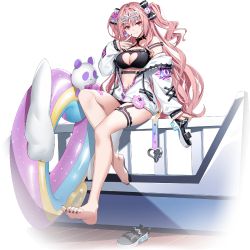 Rule 34 | 1girl, absurdres, bare legs, bikini, breasts, clothing cutout, crop top, garter belt, grand chase, heart cutout, highres, jacket, lapis (grand chase), large breasts, long hair, official art, pink hair, red eyes, sitting, sitting on stairs, solo, stairs, swimsuit, toenails, toes, twintails, very long hair, white jacket