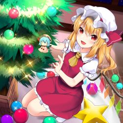 Rule 34 | 1girl, ascot, asymmetrical hair, blonde hair, blush, bow, christmas, christmas ornaments, christmas tree, commentary request, crystal, decorating, decorations, dress, eyelashes, flandre scarlet, frilled dress, frilled shirt collar, frilled sleeves, frills, hat, kneeling, looking at viewer, mob cap, no nose, objectification, one side up, open mouth, pointy ears, puffy short sleeves, puffy sleeves, red bow, red dress, red eyes, red ribbon, remilia scarlet, ribbon, rimu (kingyo origin), short hair, short hair with long locks, short sleeves, sidelocks, socks, solo, sparkle, touhou, white hat, white socks, wings, yellow ascot