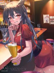Rule 34 | 1girl, alcohol, animal ears, artist name, ass, bar (place), bar stool, beer, black hair, blush, breasts, cat ears, cat girl, cleavage, commission, cup, dress, facial mark, freeze-ex, grin, hair between eyes, hand on own chin, head rest, holding, holding cup, large breasts, long hair, looking at viewer, original, red dress, red eyes, short sleeves, smile, solo, stool, teeth, twintails