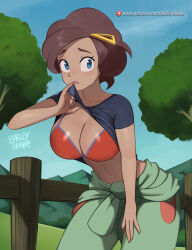 Rule 34 | 1girl, artist name, barleyshake, black shirt, blue eyes, breasts, brown hair, clothes lift, collarbone, commentary, cowboy shot, creatures (company), day, eyelashes, fence, game freak, grace (pokemon), green pants, hair ornament, hairclip, highres, large breasts, leaning forward, lifting own clothes, nintendo, outdoors, pants, pokemon, pokemon xy, raised eyebrows, shirt, shirt lift, short hair, signature, sky, solo, sweat, tree, watermark, web address